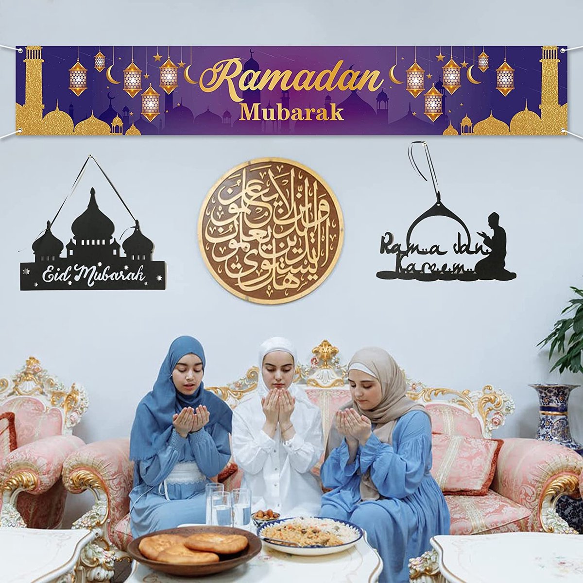 XXL Eid Mubarak Banner 210 x 40 cm | Wasbaar en Herbruikbaar | Achtergrond Ramadan Paars | Ramadan Muur decoratie | Versiering Ramadan Mubarak